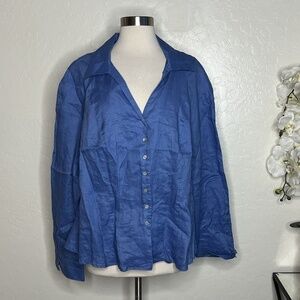 ANNE KLEIN Women 20 W Classic Button Down Linen Shirt bLUE Peplum 3/4 Sleeve